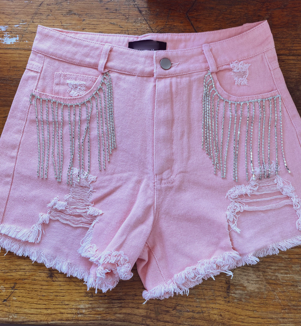 Pink Fringe Rhinestone Shorts