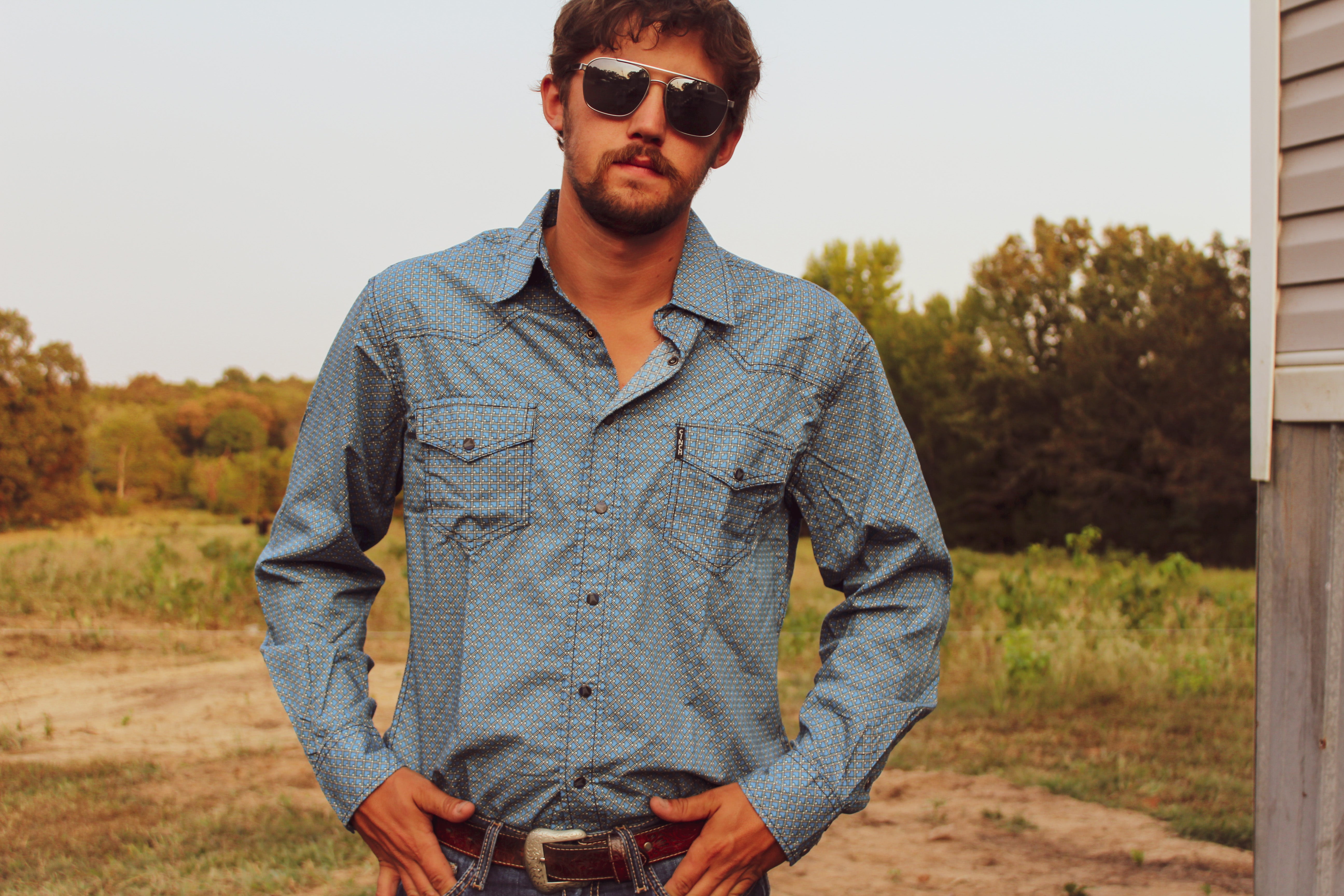 Men's Blue Printed Western Snap Shirt