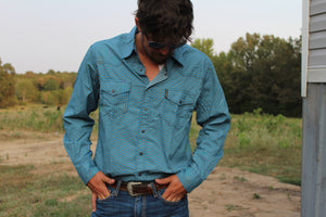 Men's Blue Printed Western Snap Shirt