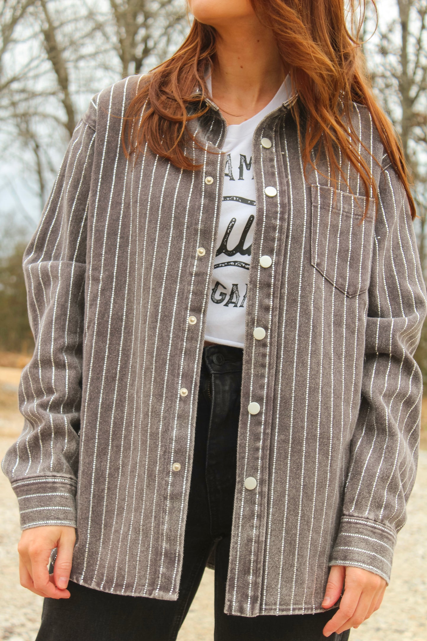 Charcoal/Sparkle Stripe Boyfriend Jacket